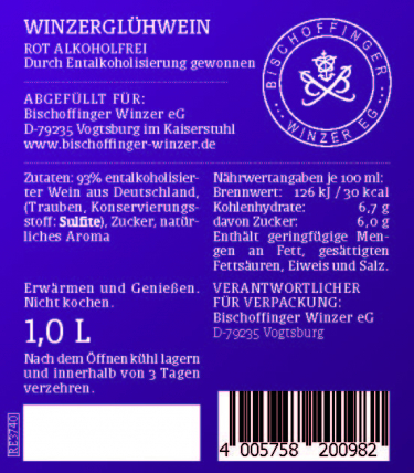 Winzerglühwein Rot Alkoholfrei durch Entalkoholisierung gewonnen 