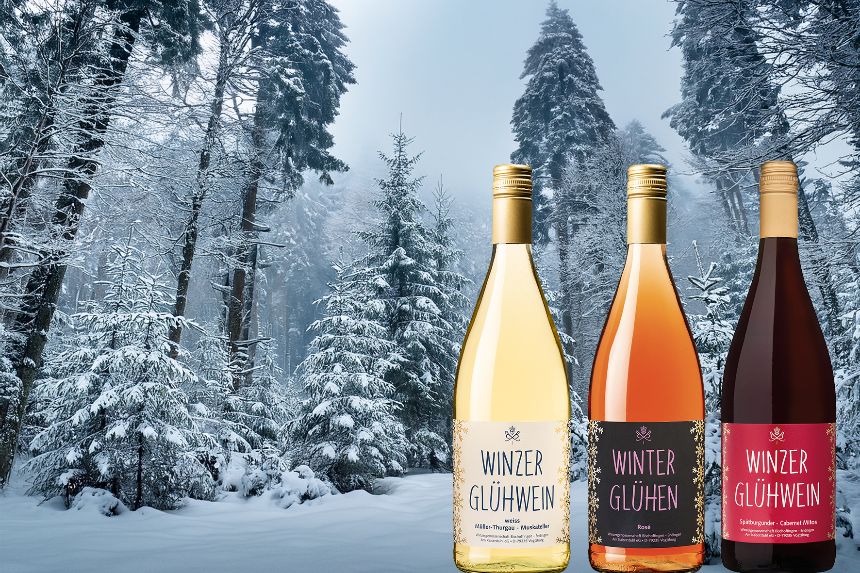 Winzerglühwein in Rot, Weiß und Rosé im Schneetreiben